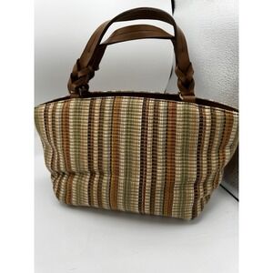 Fossil Tote Natural Multicolored Striped Woven Shoulder Bag Faux Trim PT3